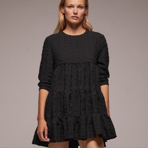 Zara Dresses & Skirts - ZARA Black Textured Tiered Sharon Dress Long Sleeve Womens Small Gothcore Witchy